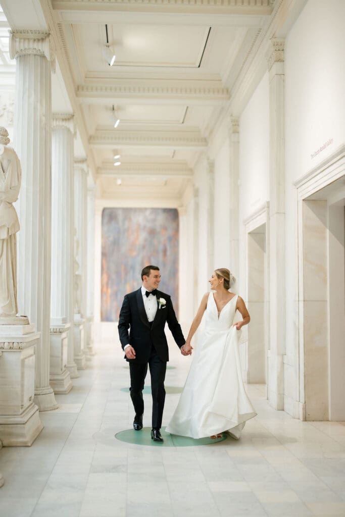 museum wedding couple in gallery