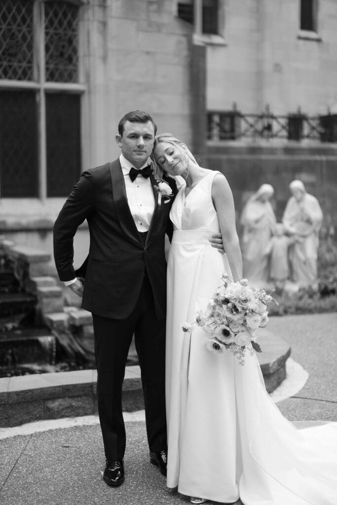 black and white image of bride and groom at museum wedding