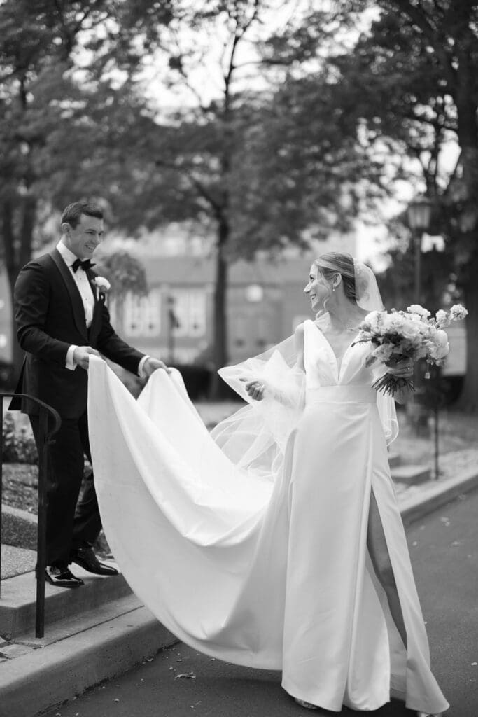 museum wedding bride and groom outside
