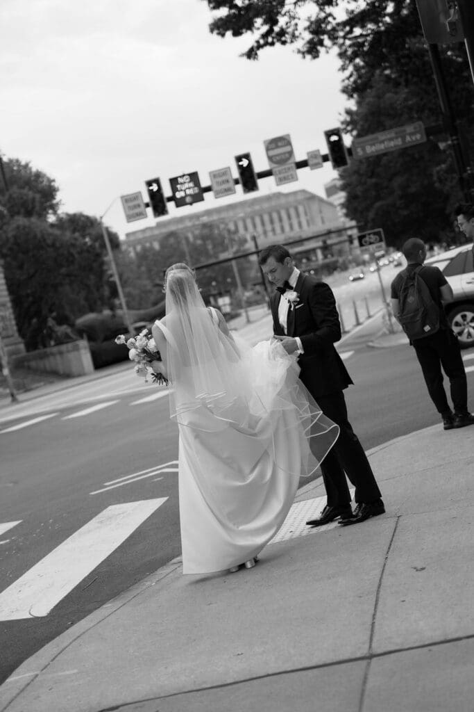bride and groom outdoors on wedding day